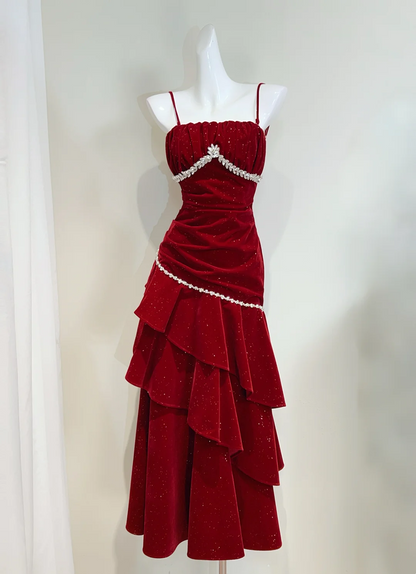 Burgundy Long Prom Dress Ruffle Velvet Wedding Guest Dresses