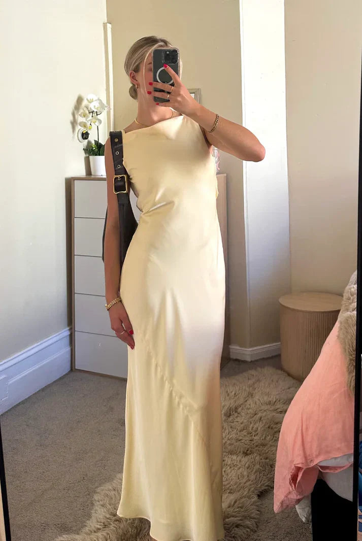 Light Yellow Sleeveless Satin Elegant Long Party Dress Formal Dress Wholesale