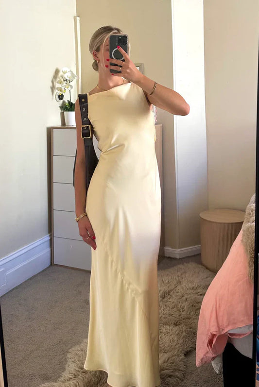 Light Yellow Sleeveless Satin Elegant Long Party Dress Formal Dress Wholesale