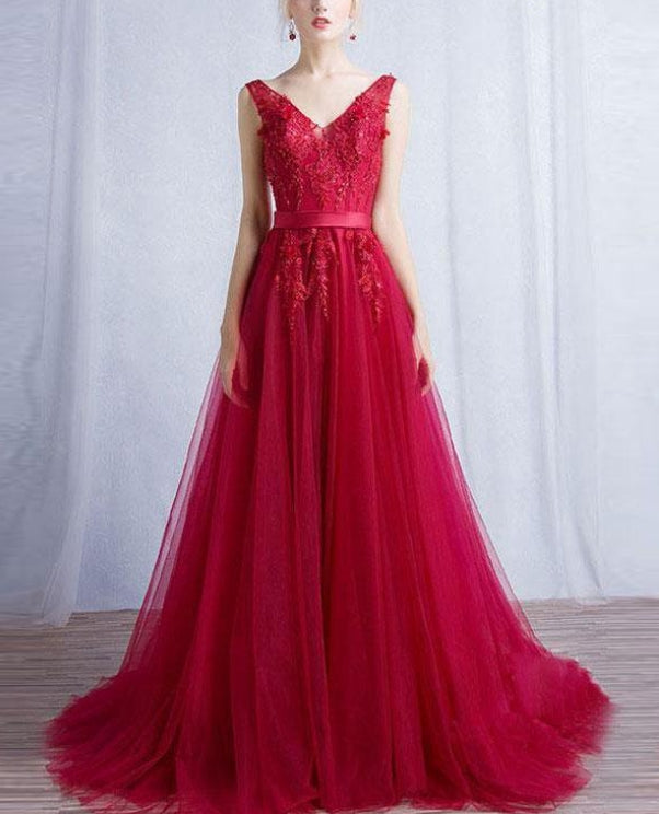 omberprom A-line V-neck Sweep Train Tulle Appliqued Long Prom Dresses Charming Wholesale