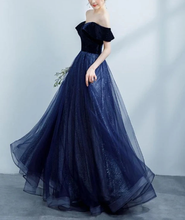 omberprom A Line Off Shoulder Velvet Sweetheart Party Dress Shiny Tulle Long Prom Dress Party Dress Sparkly Evening Dress Wholesale