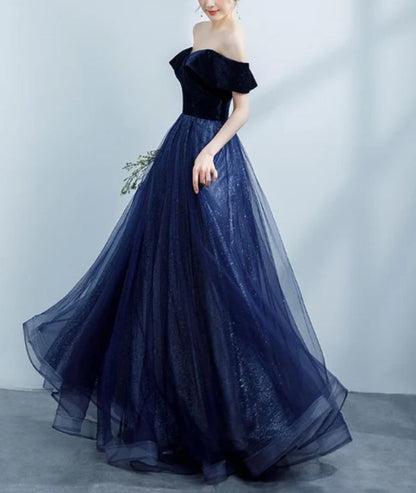 omberprom A Line Off Shoulder Velvet Sweetheart Party Dress Shiny Tulle Long Prom Dress Party Dress Sparkly Evening Dress Wholesale