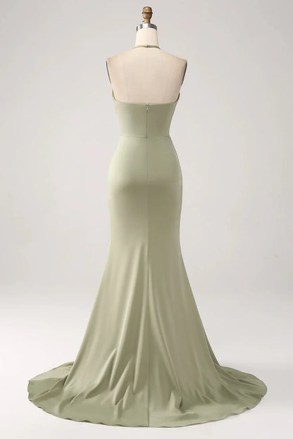 omberprom Sheath Evening Dress Pistachio V-Neck Beaded Long Prom Dress With Slit