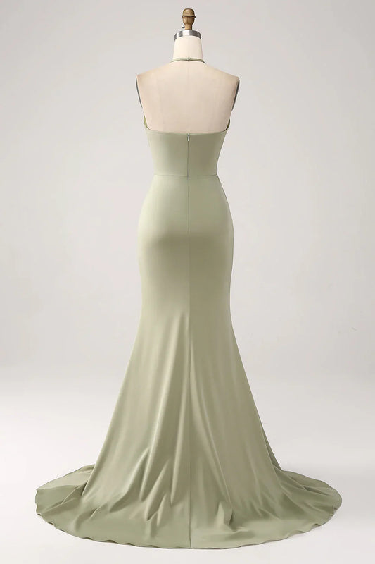 omberprom Sheath Evening Dress Pistachio V-Neck Beaded Long Prom Dress With Slit