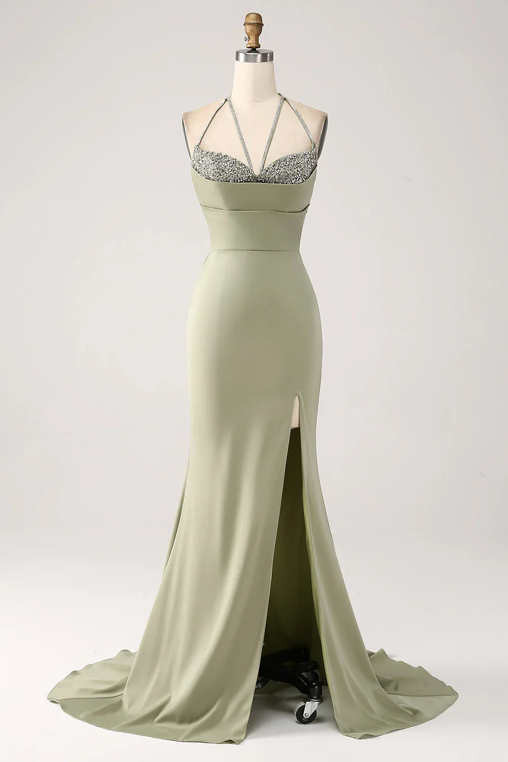 omberprom Sheath Evening Dress Pistachio V-Neck Beaded Long Prom Dress With Slit