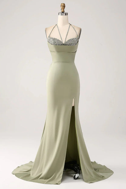 omberprom Sheath Evening Dress Pistachio V-Neck Beaded Long Prom Dress With Slit
