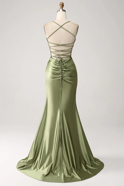 omberprom Mermaid Evening Dress Cowl Neckline Sequin Long Prom Dress With Slit Army Green