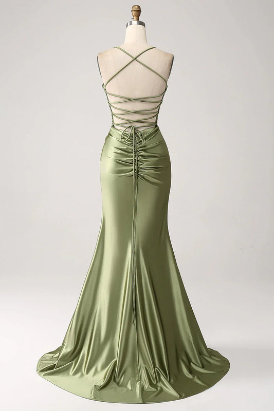 omberprom Mermaid Evening Dress Cowl Neckline Sequin Long Prom Dress With Slit Army Green