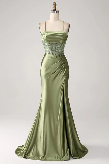 omberprom Mermaid Evening Dress Cowl Neckline Sequin Long Prom Dress With Slit Army Green