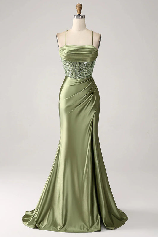 omberprom Mermaid Evening Dress Cowl Neckline Sequin Long Prom Dress With Slit Army Green