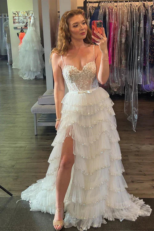 omberprom Evening Dress Straps Sequined Multi-Layers Long Prom Dress with Slit