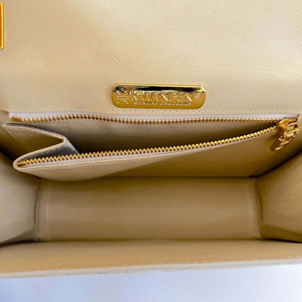 Kwanpen crocodile leather beige shoulder flap bag