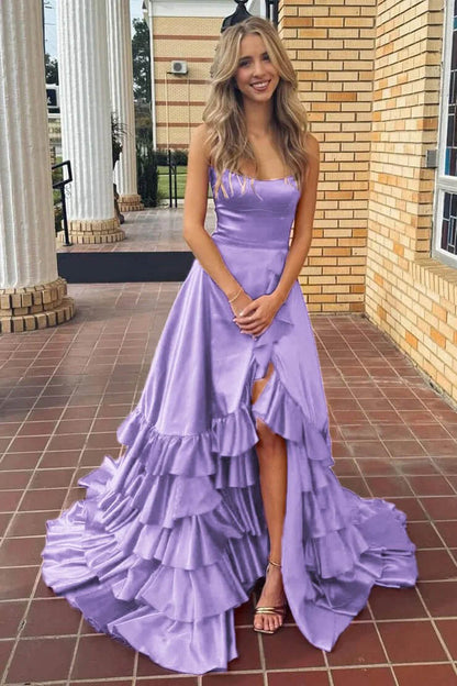 Strapless A Line Lace-Up Ruffled Tiered Prom Dress with Slit