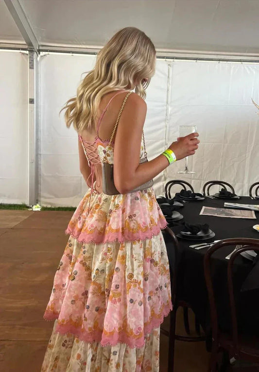 Orange Fashion Sweet Floral Layered Lace Long Prom Dress Prom Gowns Garden Prom Dresses