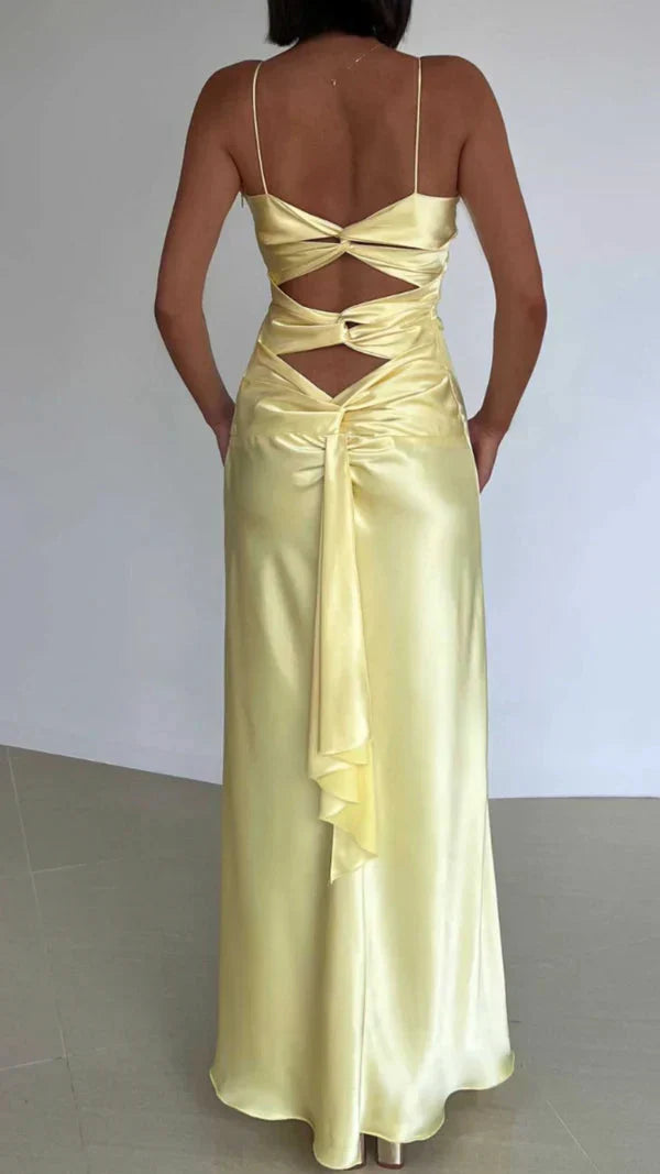 Yellow Fashion Elegant Satin Backless Long Spaghetti Straps Prom Gowns Prom Dresses