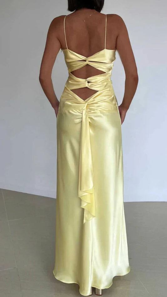Yellow Fashion Elegant Satin Backless Long Spaghetti Straps Prom Gowns Prom Dresses