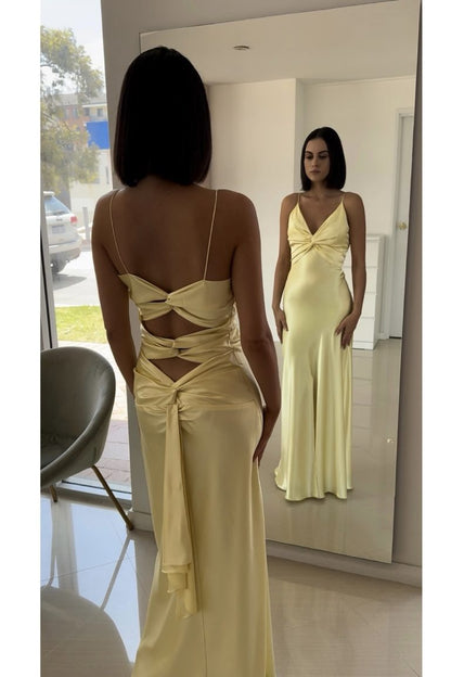 Yellow Fashion Elegant Satin Backless Long Spaghetti Straps Prom Gowns Prom Dresses