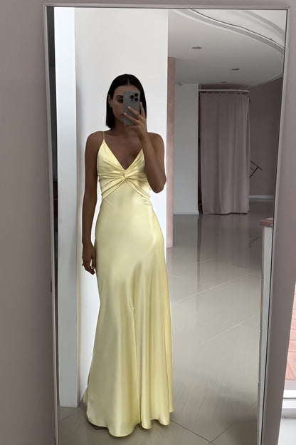Yellow Fashion Elegant Satin Backless Long Spaghetti Straps Prom Gowns Prom Dresses
