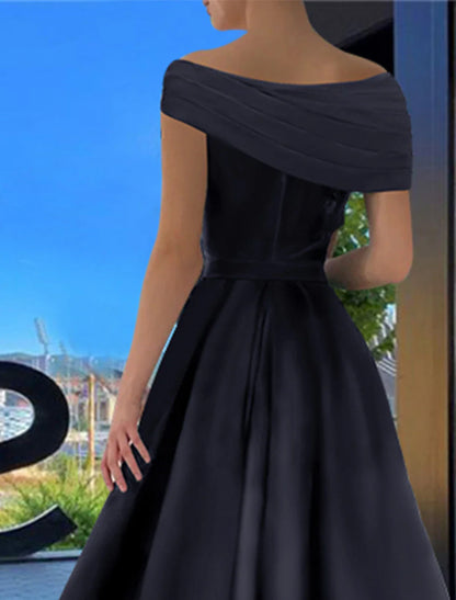 omberprom A-Line Prom Dresses Black Formal Dress Dress Evening Wedding Guest Floor Length Short Sleeve Off Shoulder Satin with Ruched
