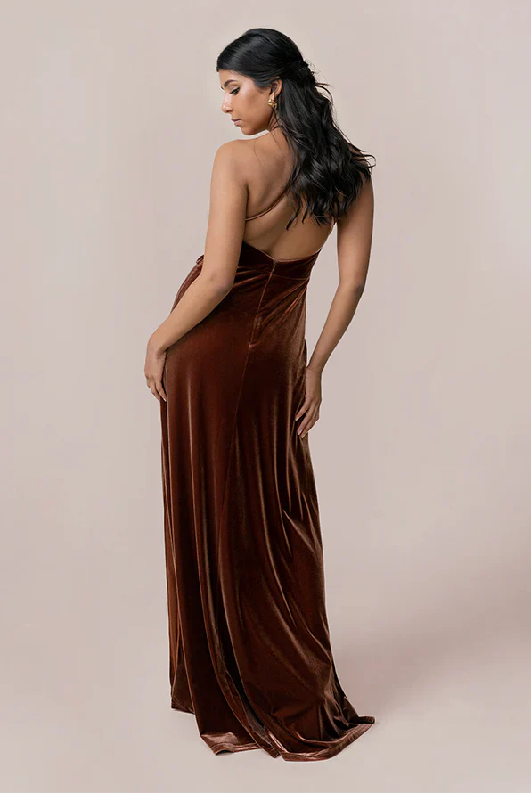 Liymcdress Elegant Hanging The Neck And Exposing The Back Velvet Dress With Slit Formal Dress for Wedding Guest Dress