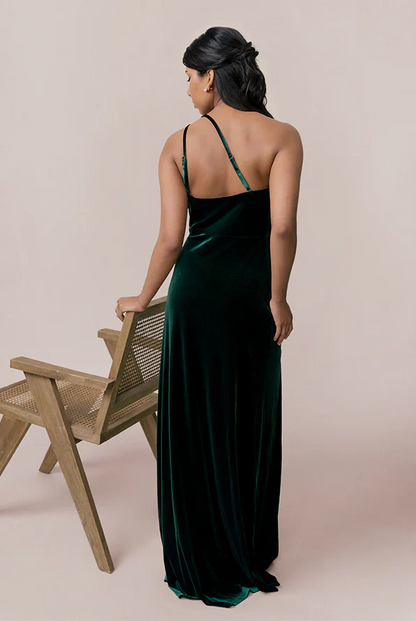omberprom Elegant Velvet Dress Ruched Long Sleeve Formal Dress for Wedding Guest