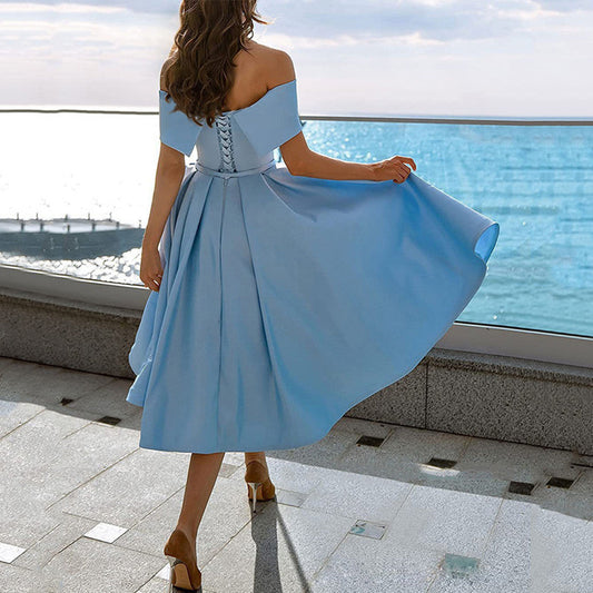 Fancy Women Satin Party Dress Off Shoulder A-line Cocktail Dresses