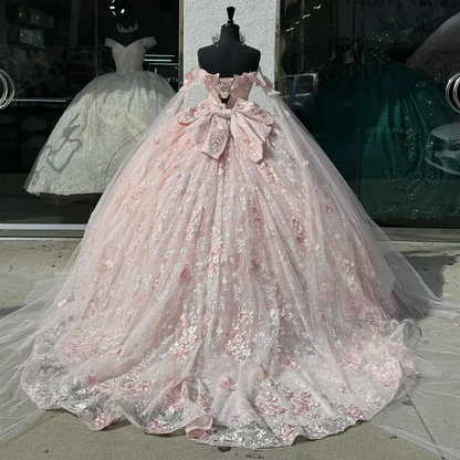 Light Pink Quinceanera Dresses Off-Shoulder Lace Appliques Ball Gowns