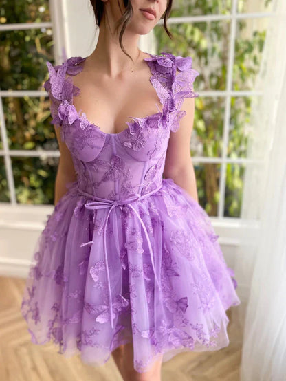 omberprom A Line Elegant Short Evening Dress Tulle Prom Dress with 3D Butterflies