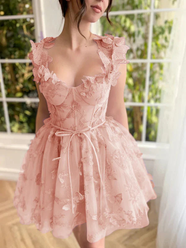 omberprom A Line Elegant Short Evening Dress Tulle Prom Dress with 3D Butterflies