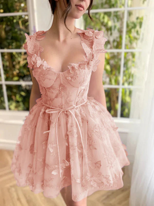 omberprom A Line Elegant Short Evening Dress Tulle Prom Dress with 3D Butterflies