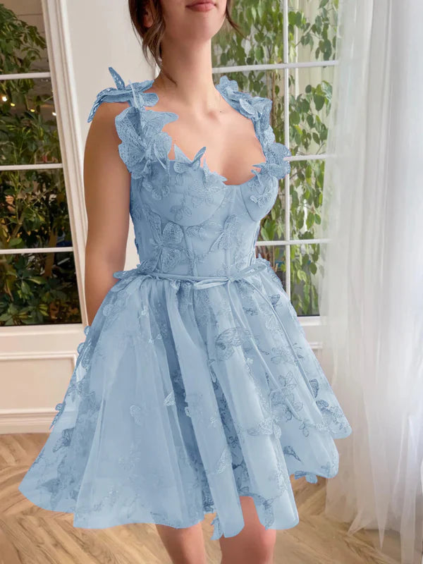 omberprom A Line Elegant Short Evening Dress Tulle Prom Dress with 3D Butterflies