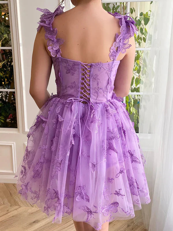 omberprom A Line Elegant Short Evening Dress Tulle Prom Dress with 3D Butterflies