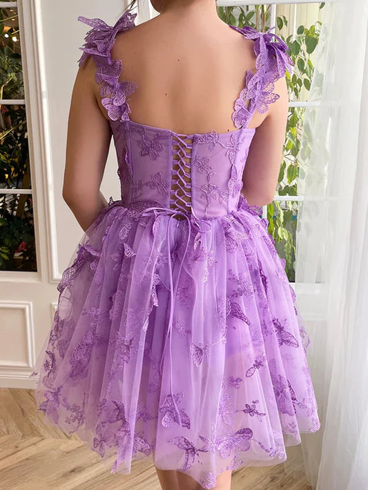 omberprom A Line Elegant Short Evening Dress Tulle Prom Dress with 3D Butterflies