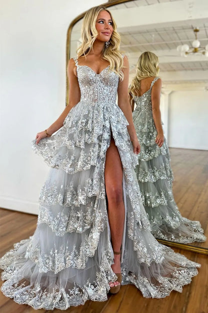 Lilac A-Line Floral Lace Corset High-Low Tiered Sequin Prom Dress with Slit