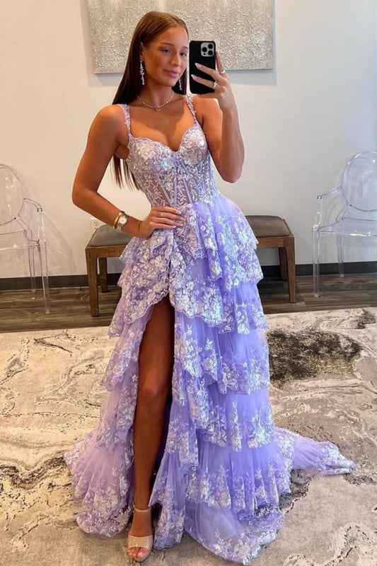 Lilac A-Line Floral Lace Corset High-Low Tiered Sequin Prom Dress with Slit