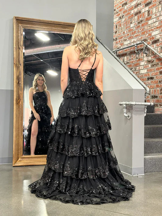 omberprom Sheath One Shoulder Evening Dress Tiered Lace Long Prom Dress