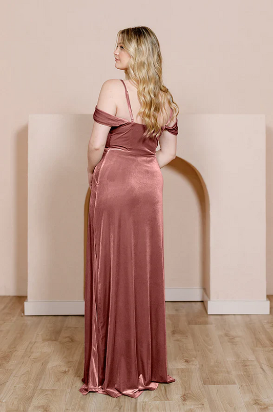 omberprom Elegant Velvet Dress Prom Dresses Ruched Formal Dress for Wedding Guest