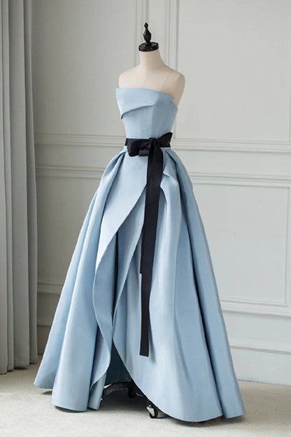Blue Satin Long Prom Dress High Slit Wedding Party Gown