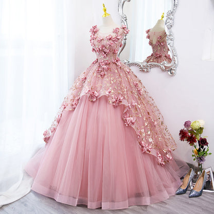 Lovely Pink Tulle Long Prom Dresses With Flowers, Pink Tulle Sweet 16 Gowns