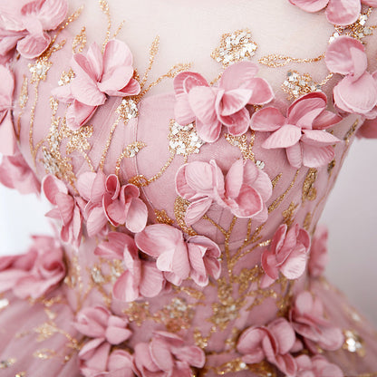 Lovely Pink Tulle Long Prom Dresses With Flowers, Pink Tulle Sweet 16 Gowns