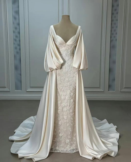 Luxury Wedding Dresses, Ivory Satin Lace A-Line Bridal Gown
