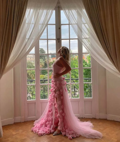 Sexy A line Sweetheart Sleeveless Party Dress Pink Slit Flowers Prom Dress P861