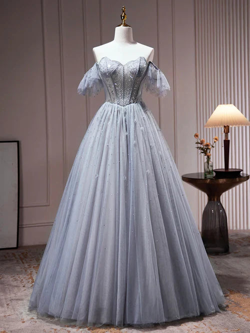 omberprom Gray Tulle Off Shoulder Beaded Party Dress, A-Line Tulle Formal Dress Prom Dress