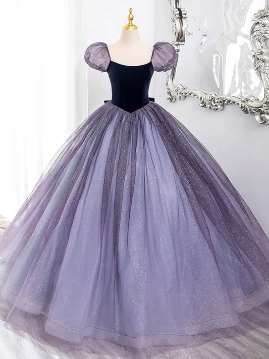 Purple Tulle and Velvet Floor Length Prom Dress, Beautiful A-Line Short Sleeve Party Dress TP98