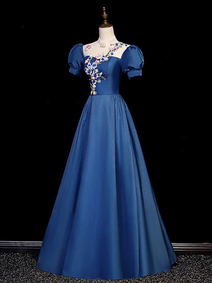 Elegant Blue Tulle Lace Long Prom Dress, Blue High Neck A-Line Evening Dress  TP90
