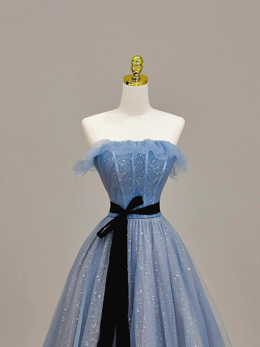 Gray Tulle Floor Length Prom Dress, A-Line Strapless Evening Party Dress TP100