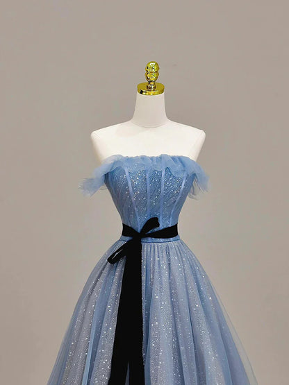 Gray Tulle Floor Length Prom Dress, A-Line Strapless Evening Party Dress TP100