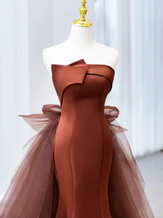 Mermaid Satin Tulle Long Prom Dress, Brown Strapless Evening Party Dress TP91