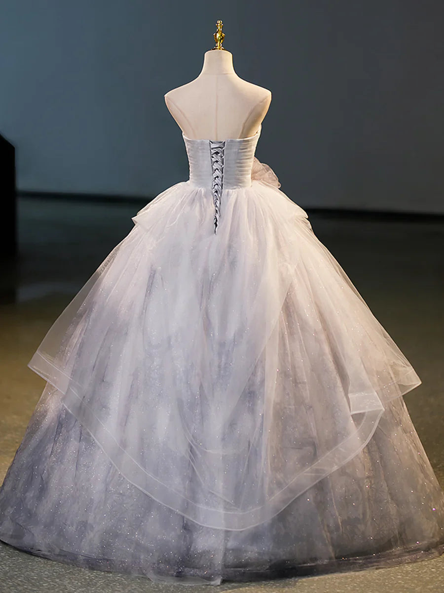 Gray Tulle Floor Length Formal Dress, A-Line Strapless Evening Party Dress TP92
