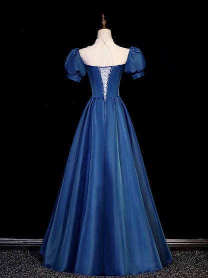 Elegant Blue Tulle Lace Long Prom Dress, Blue High Neck A-Line Evening Dress  TP90